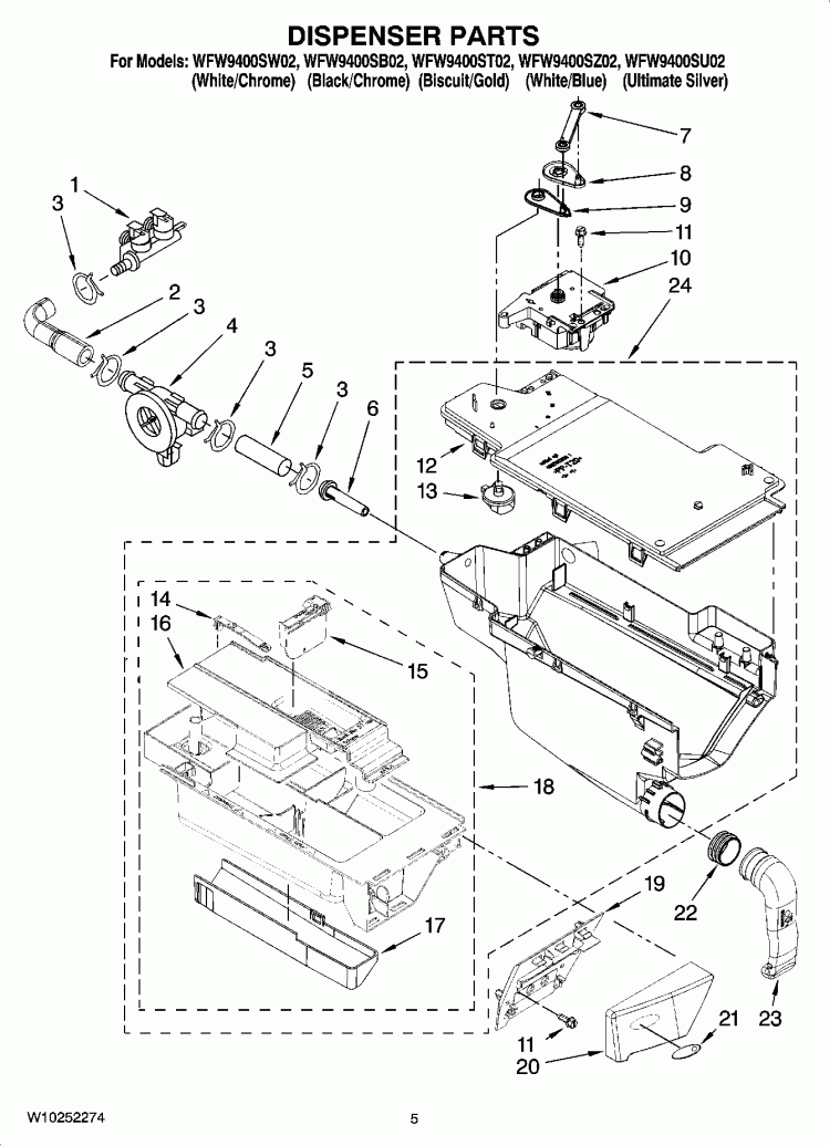 DISPENSER PARTS Diagram and Parts List for  Whirlpool Washer