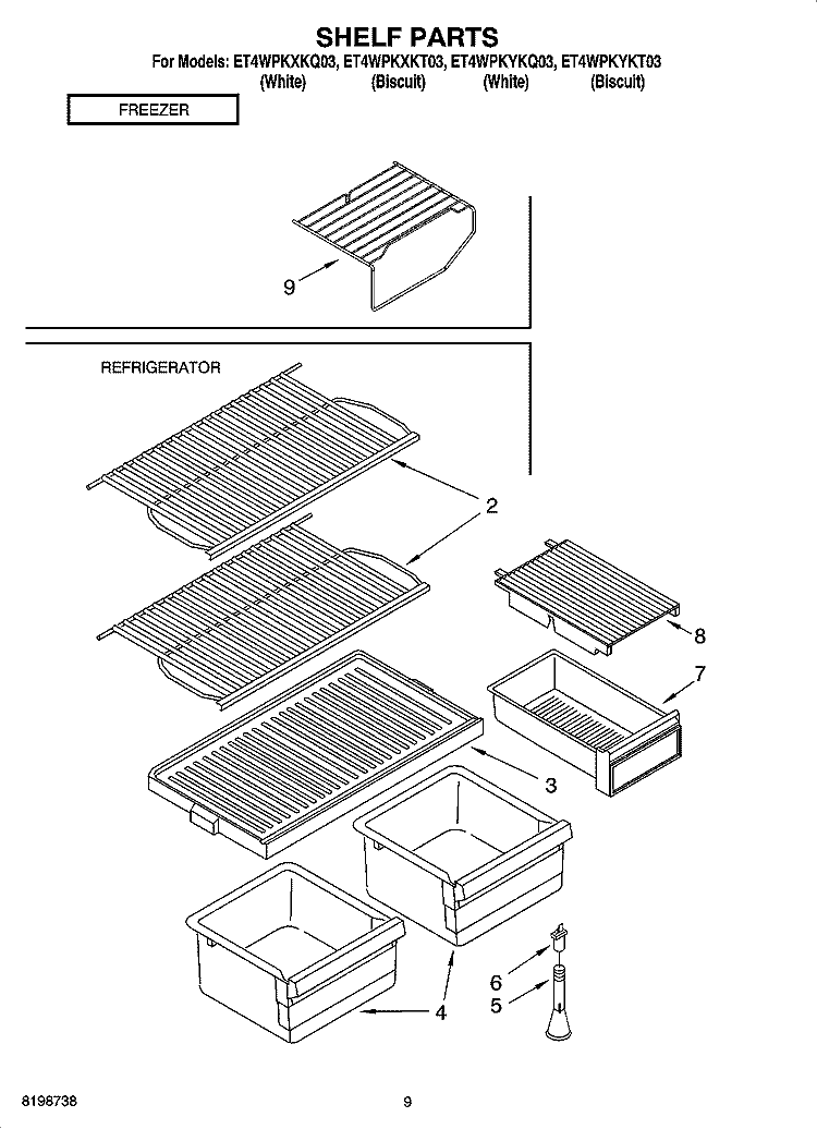 SHELF PARTS, OPTIONAL PARTS Diagram and Parts List for ET4WPKXKT03  Whirlpool Refrigerator