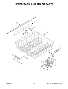 Upper Rack And Track Parts Diagram and Parts List for  Whirlpool Dishwasher