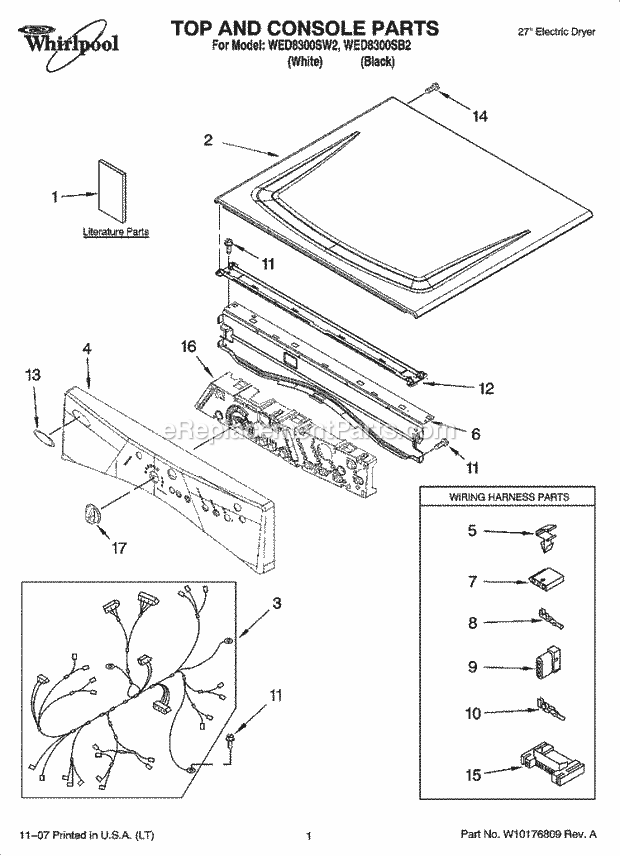 TOP AND CONSOLE PARTS Diagram and Parts List for  Whirlpool Dryer