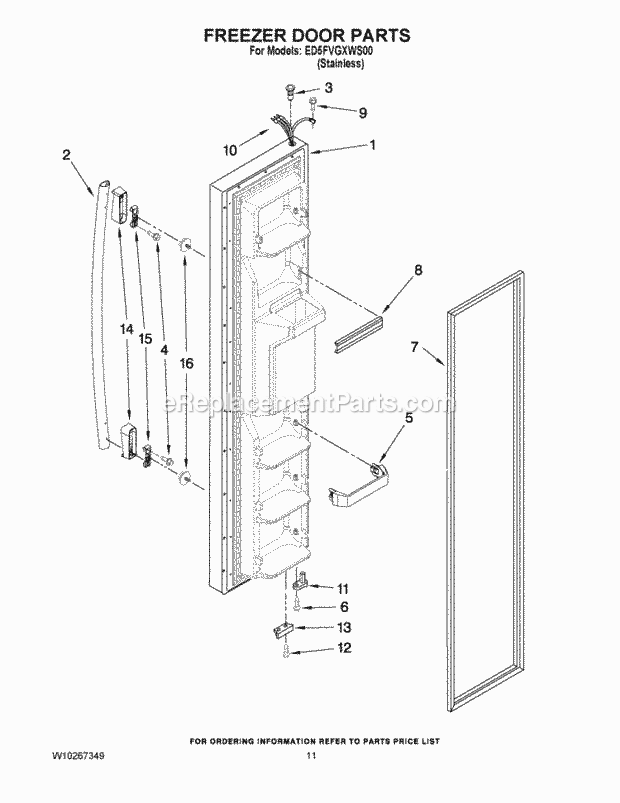 FREEZER DOOR PARTS Diagram and Parts List for  Whirlpool Refrigerator