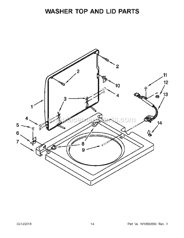 Washer Top And Lid Parts Diagram and Parts List for  Whirlpool Washer Dryer Combo