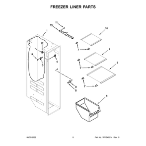 Freezer Liner Parts Diagram and Parts List for  Whirlpool Refrigerator