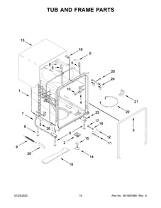 Tub And Frame Parts Diagram and Parts List for  Whirlpool Dishwasher