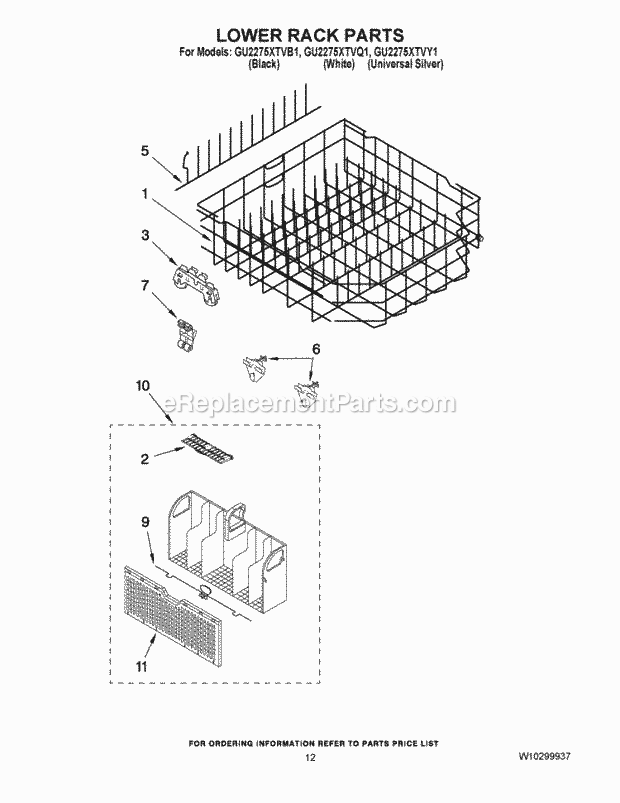LOWER RACK PARTS Diagram and Parts List for  Whirlpool Dishwasher