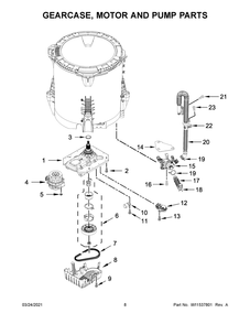 Gearcase, Motor And Pump Parts Diagram and Parts List for  Whirlpool Washer