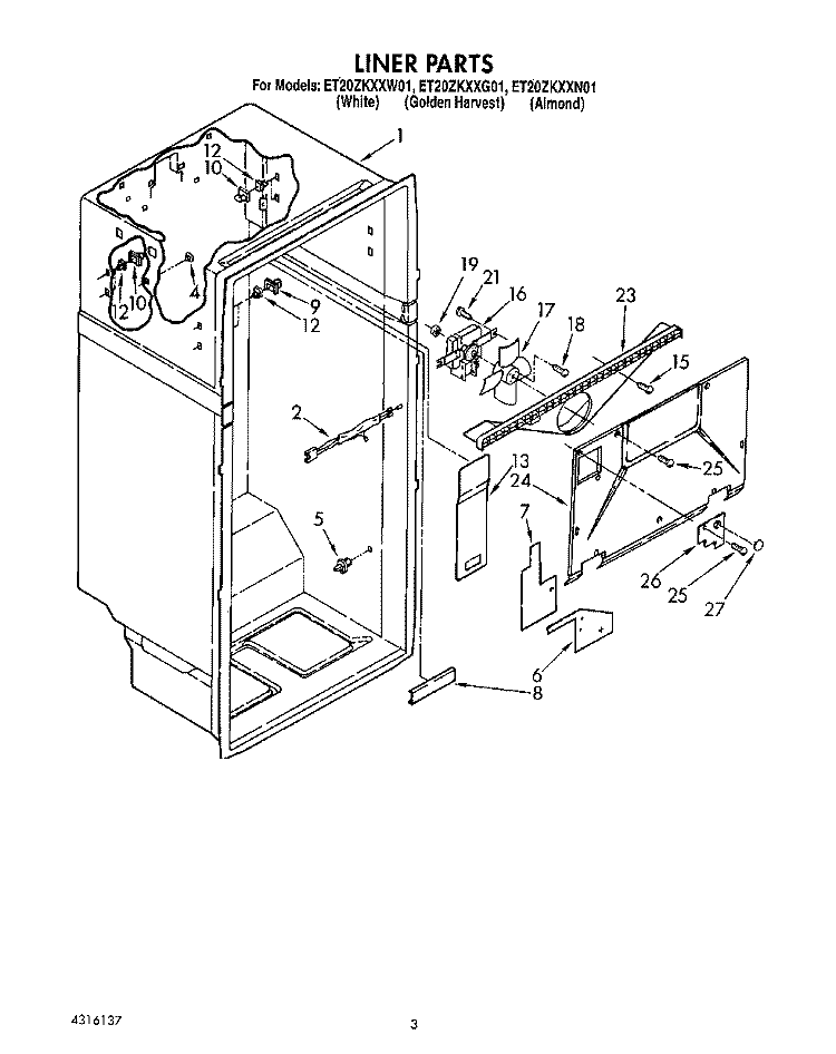 LINER Diagram and Parts List for ET20ZKXXG01  Whirlpool Refrigerator