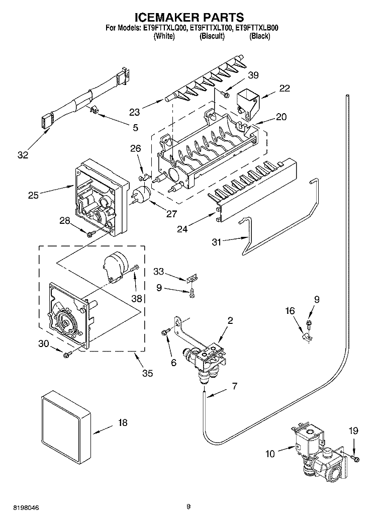 ICE MAKER Diagram and Parts List for ET9FTTXLQ00  Whirlpool Refrigerator