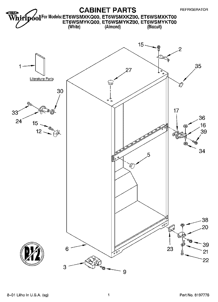 CABINET, LITERATURE Diagram and Parts List for ET6WSMYKT00  Whirlpool Refrigerator