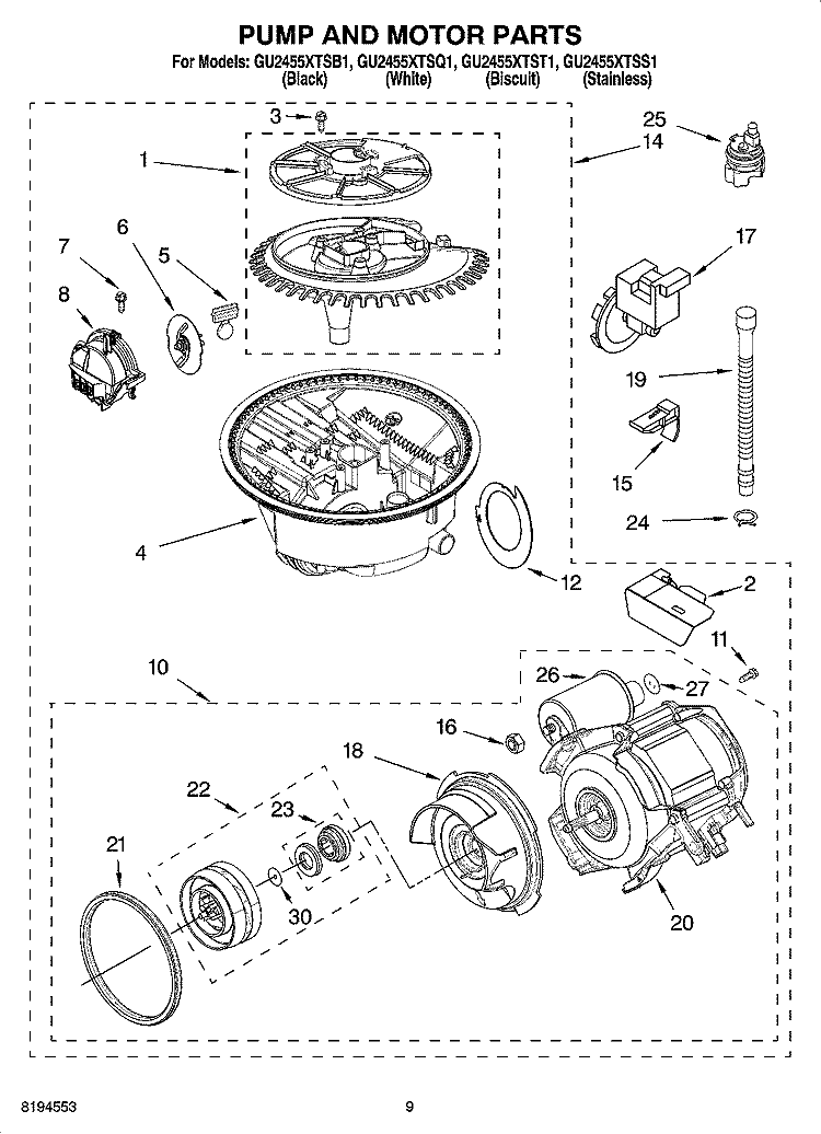 PUMP AND MOTOR PARTS Diagram and Parts List for  Whirlpool Dishwasher