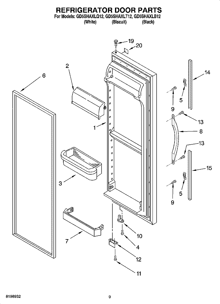 REFRIGERATOR DOOR PARTS Diagram and Parts List for GD5SHAXLT12  Whirlpool Refrigerator