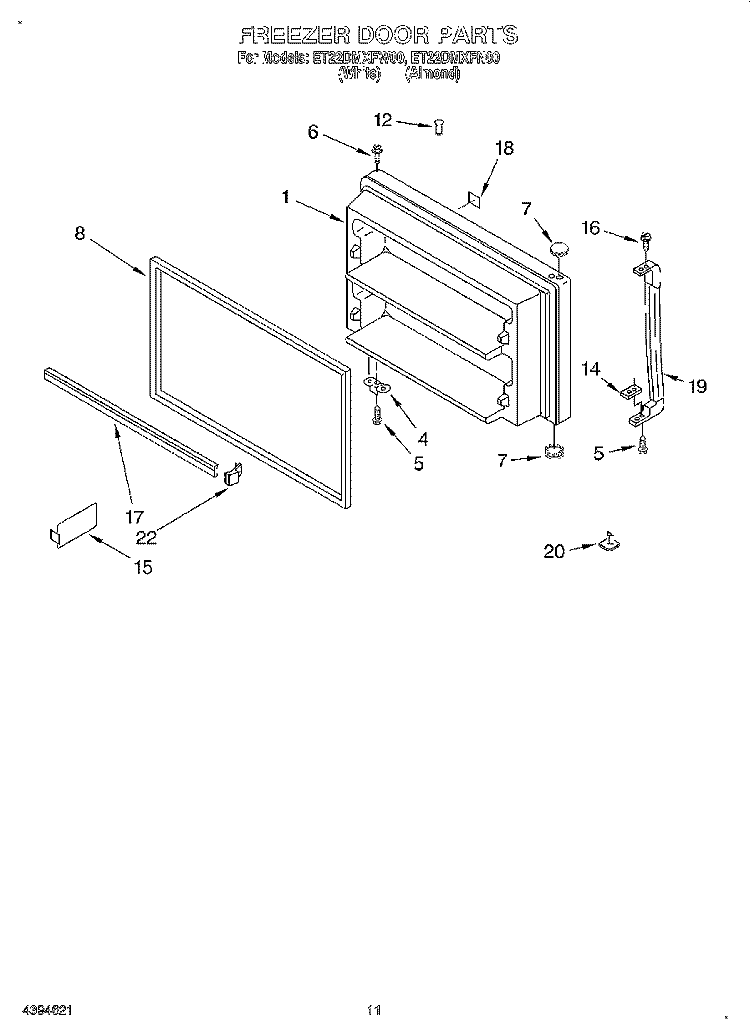 FREEZER DOOR, LIT/OPTIONAL Diagram and Parts List for ET22DMXFW00  Whirlpool Refrigerator