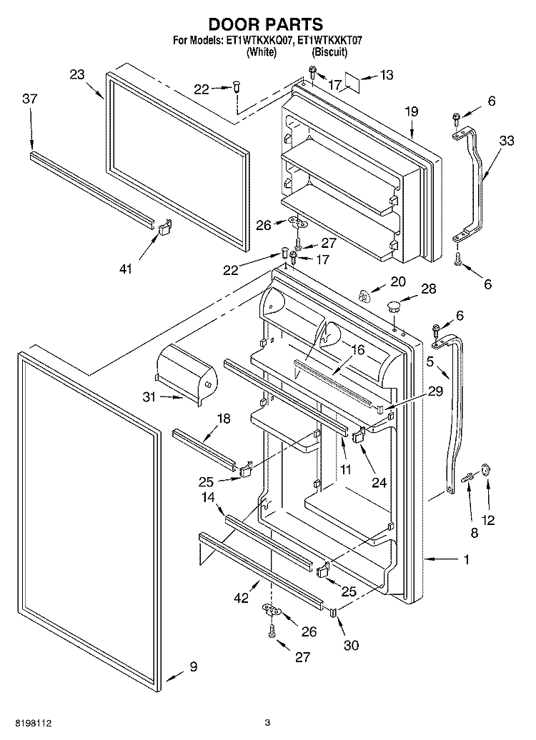 DOOR Diagram and Parts List for ET1WTKXKQ07  Whirlpool Refrigerator