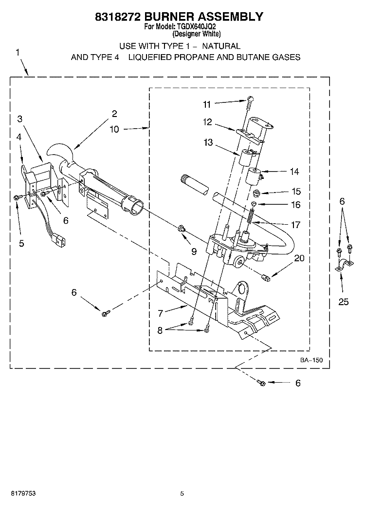 8318272 BURNER ASSEMBLY Diagram and Parts List for  Estate Dryer