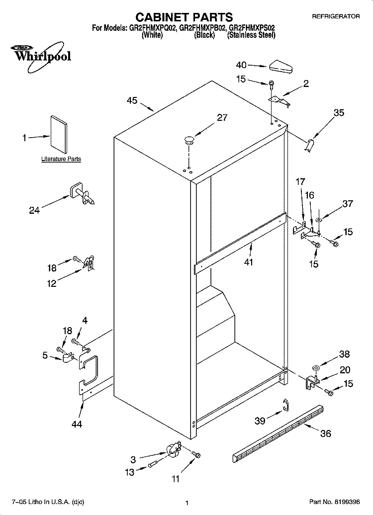 CABINET PARTS Diagram and Parts List for GR2FHMXPB02  Whirlpool Refrigerator