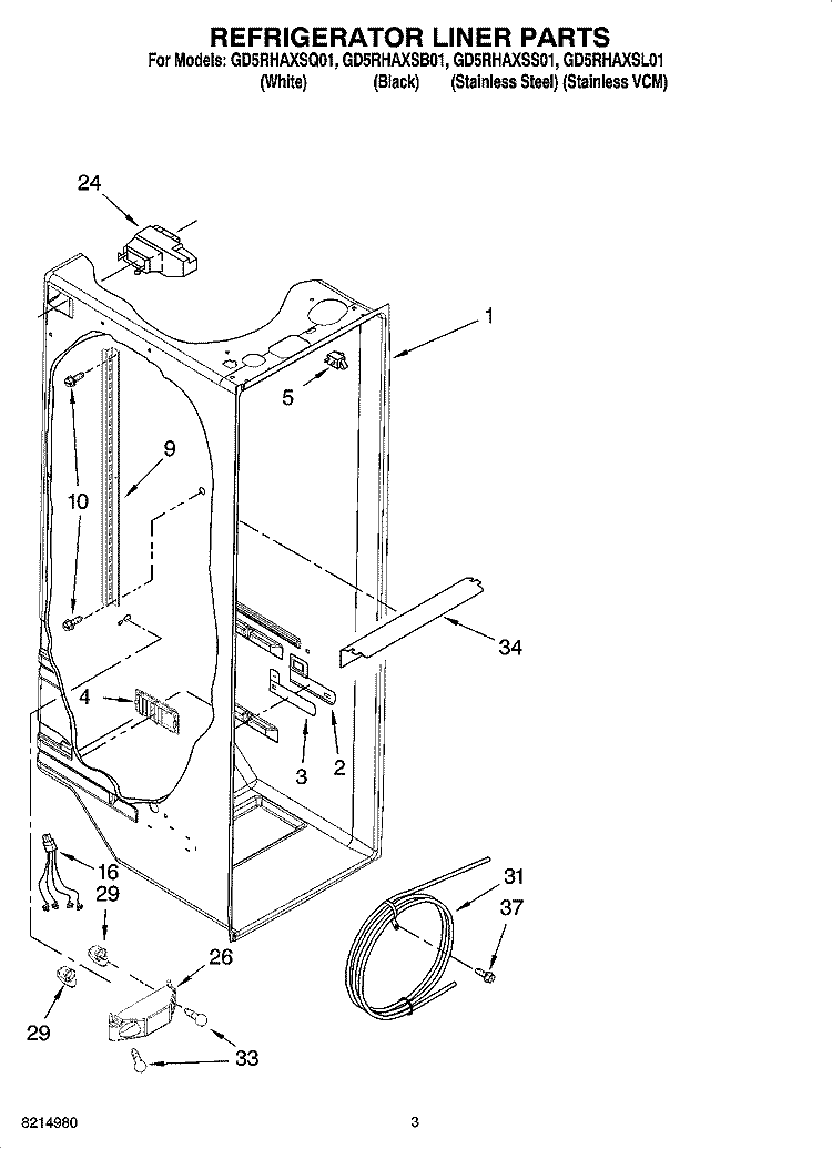 REFRIGERATOR LINER PARTS Diagram and Parts List for GD5RHAXSB01  Whirlpool Refrigerator
