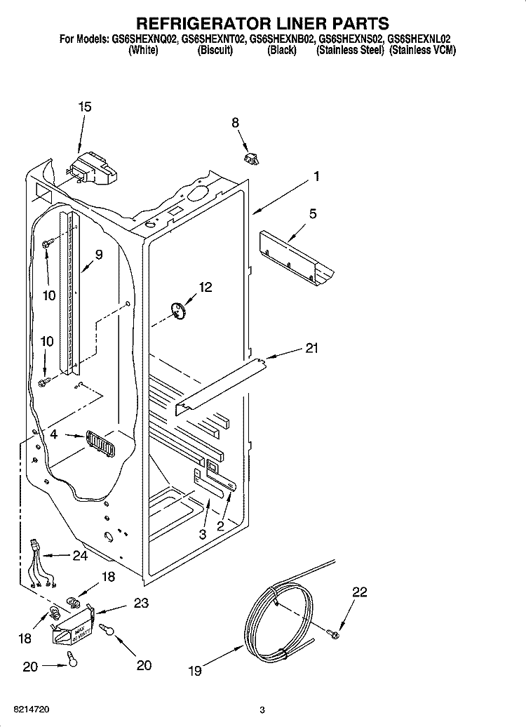 REFRIGERATOR LINER PARTS Diagram and Parts List for GS6SHEXNQ02  Whirlpool Refrigerator