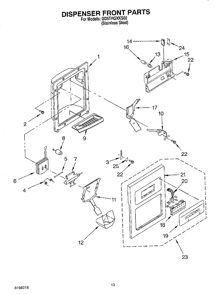 DISPENSER FRONT Diagram and Parts List for GD5THGXKS02  Whirlpool Refrigerator