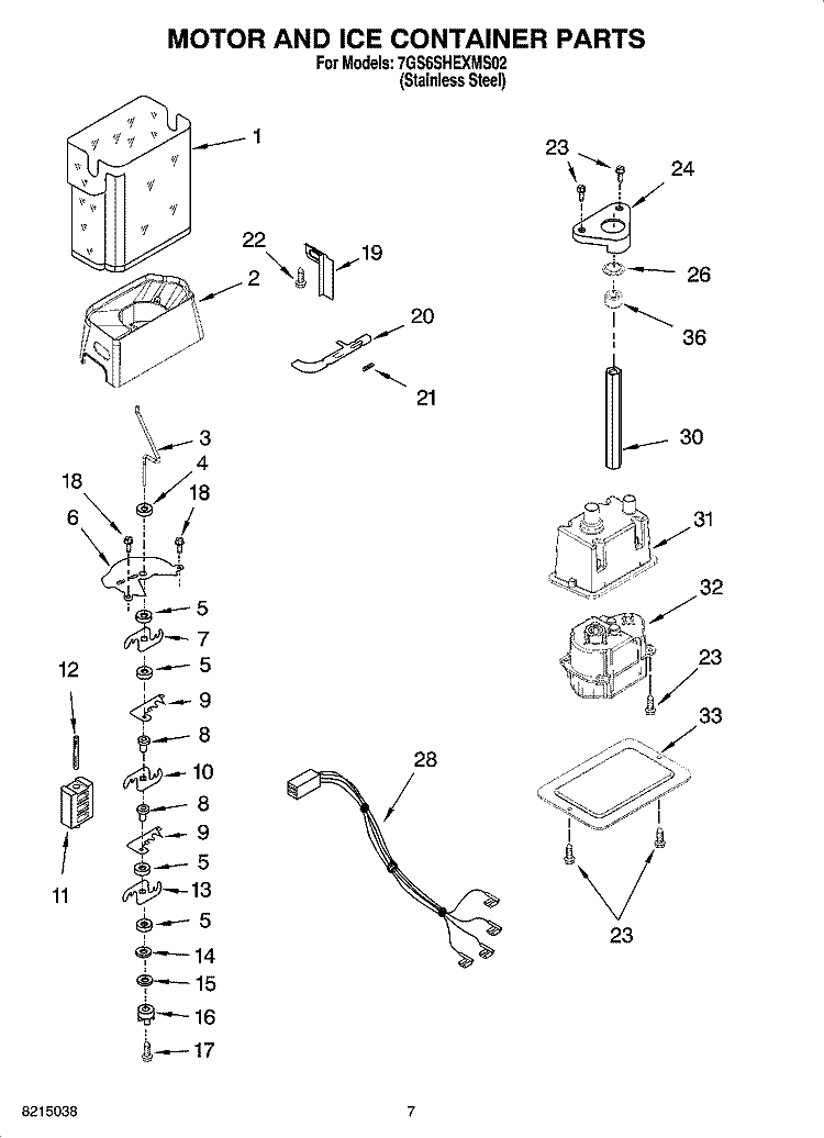 MOTOR AND ICE CONTAINER PARTS Diagram and Parts List for  Whirlpool Refrigerator