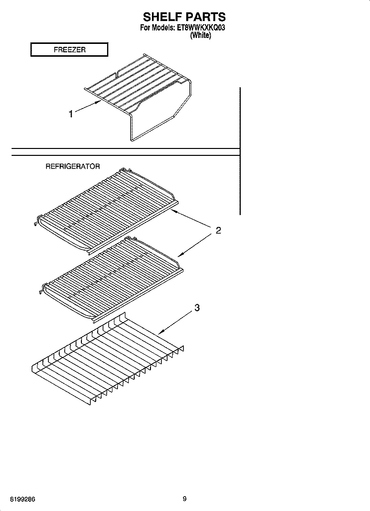 SHELF PARTS, OPTIONAL PARTS Diagram and Parts List for ET8WWKXKQ03  Whirlpool Refrigerator