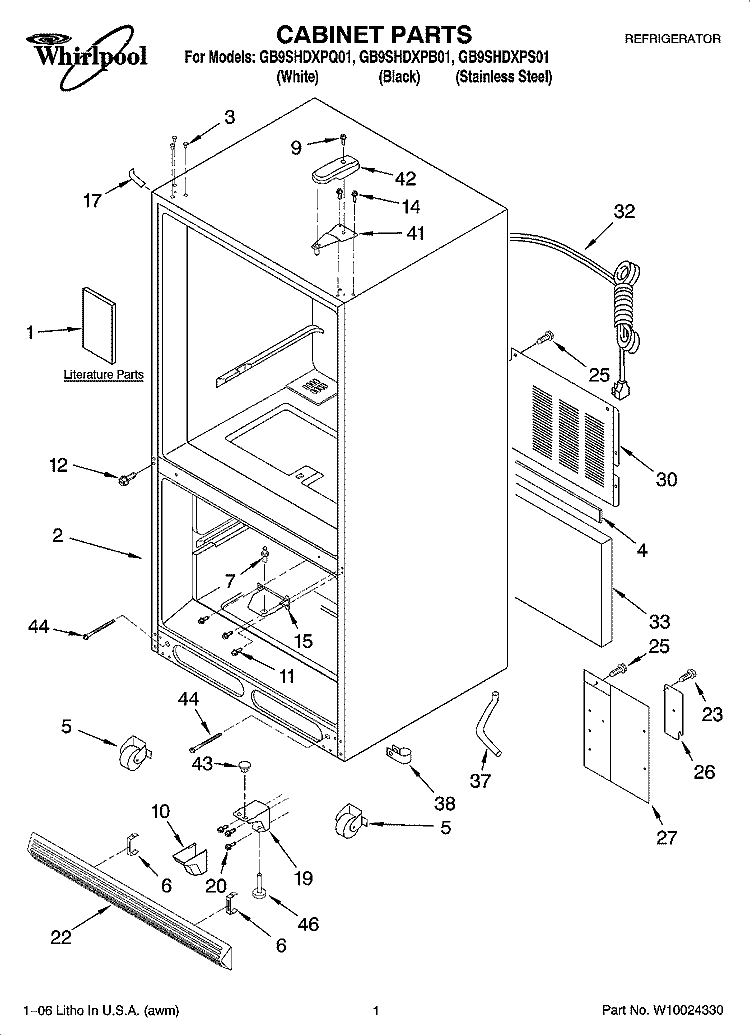 CABINET PARTS Diagram and Parts List for GB9SHDXPB01  Whirlpool Refrigerator