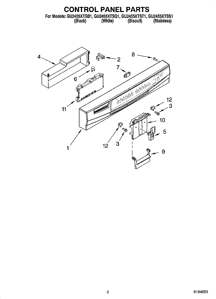 CONTROL PANEL PARTS Diagram and Parts List for  Whirlpool Dishwasher
