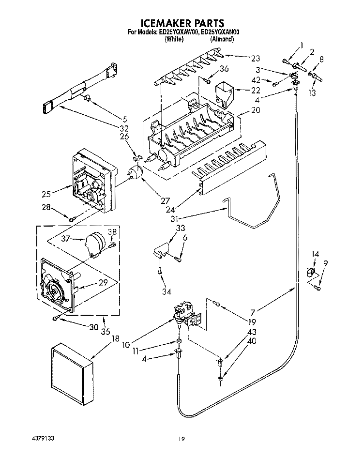 ICEMAKER, LITERATURE AND OPTIONAL Diagram and Parts List for ED25YQXAW00  Whirlpool Refrigerator