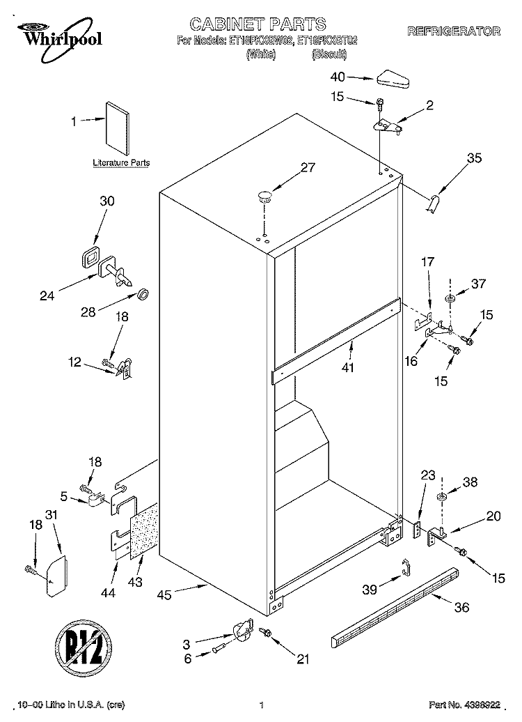 CABINET, LITERATURE Diagram and Parts List for ET18PKXGT02  Whirlpool Refrigerator