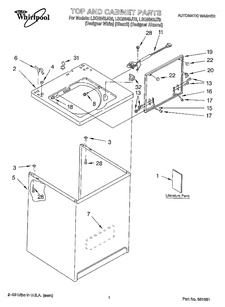 TOP AND CABINET, LITERATURE Diagram and Parts List for  Whirlpool Washer