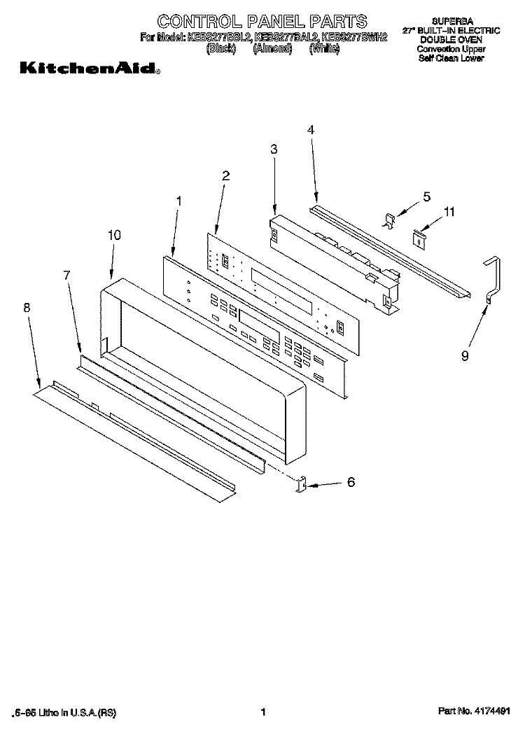 CONTROL PANEL, LIT/OPTIONAL Diagram and Parts List for KEBS277BBL2  KitchenAid Wall Oven