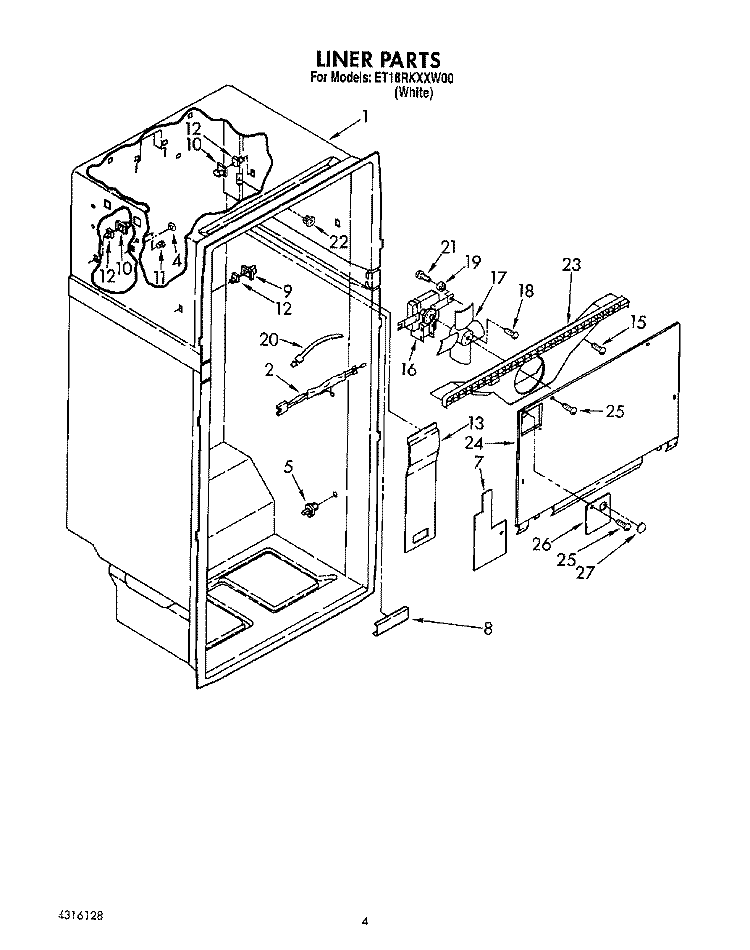 LINER Diagram and Parts List for ET18RKXXW00  Whirlpool Refrigerator