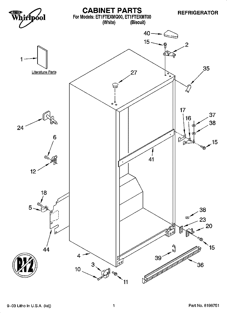 CABINET PARTS Diagram and Parts List for ET1FTEXMT00  Whirlpool Refrigerator
