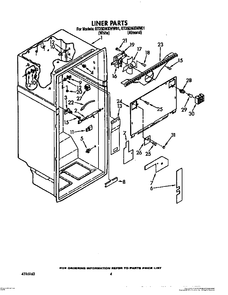 LINER Diagram and Parts List for ET25DMXWW01  Whirlpool Refrigerator