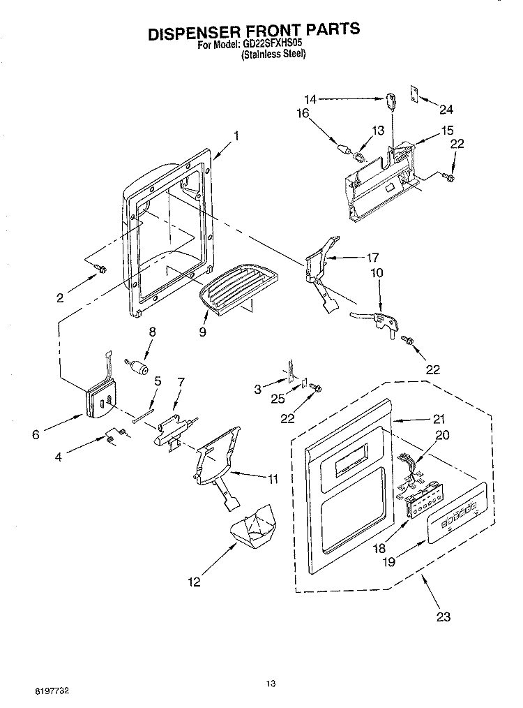 DISPENSER FRONT Diagram and Parts List for GD22SFXHS05  Whirlpool Refrigerator