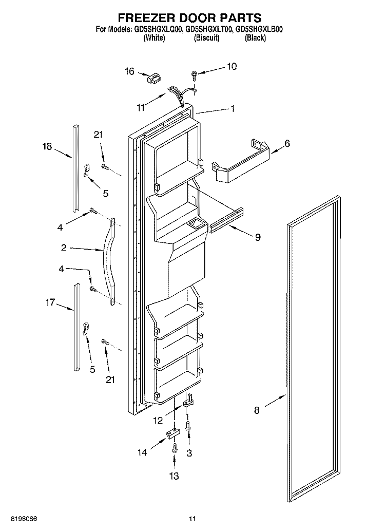 FREEZER DOOR Diagram and Parts List for GD5SHGXLQ00  Whirlpool Refrigerator