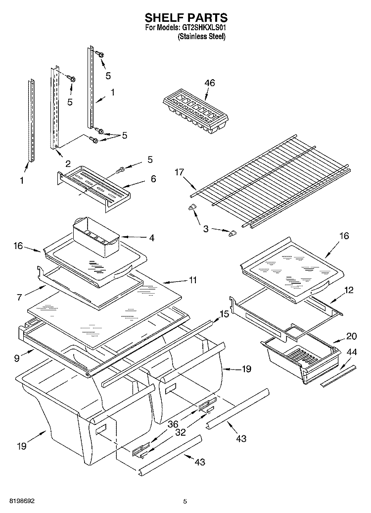 SHELF PARTS Diagram and Parts List for GT2SHKXLS01  Whirlpool Refrigerator