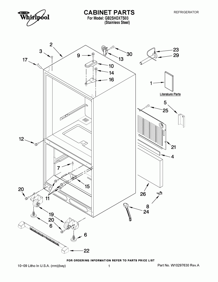 CABINET PARTS Diagram and Parts List for GB2SHDXTS03  Whirlpool Refrigerator