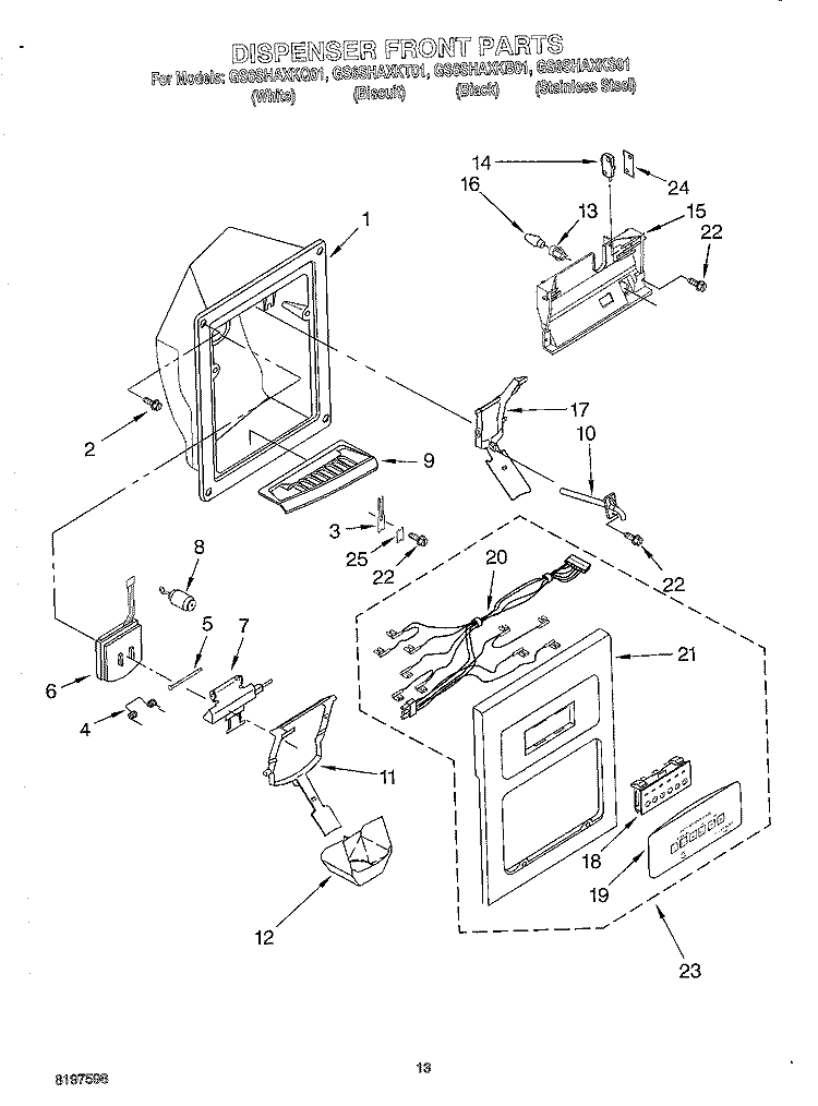 DISPENSER FRONT Diagram and Parts List for GS6SHAXKQ01  Whirlpool Refrigerator