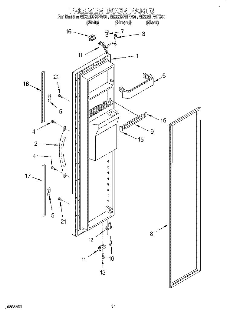 FREEZER DOOR Diagram and Parts List for GD22DFXFB01  Whirlpool Refrigerator