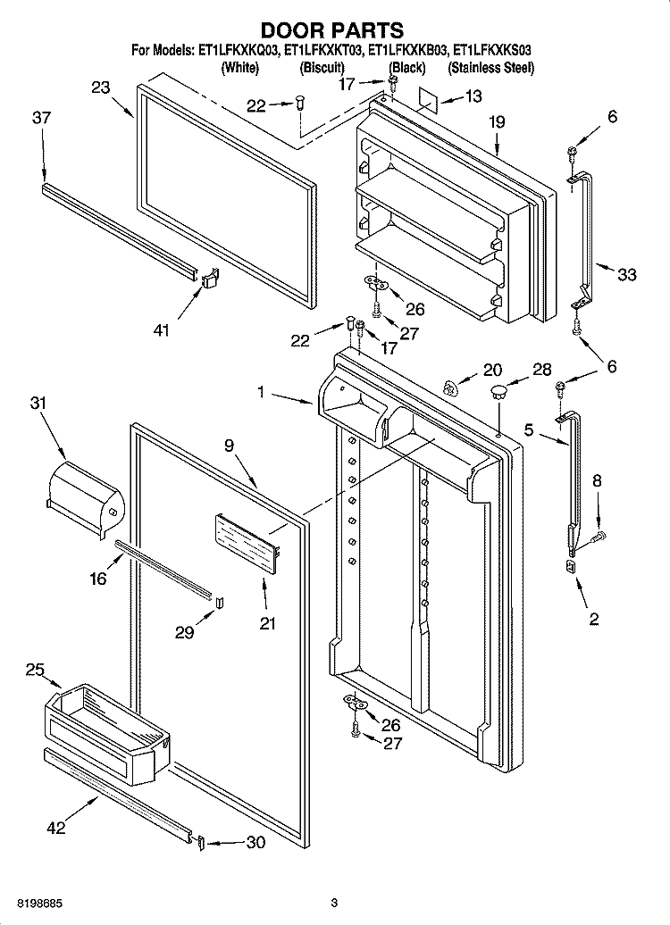 DOOR PARTS Diagram and Parts List for ET1LFKXKS03  Whirlpool Refrigerator
