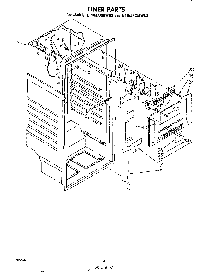 LINER Diagram and Parts List for ET18JKXMWR3  Whirlpool Refrigerator