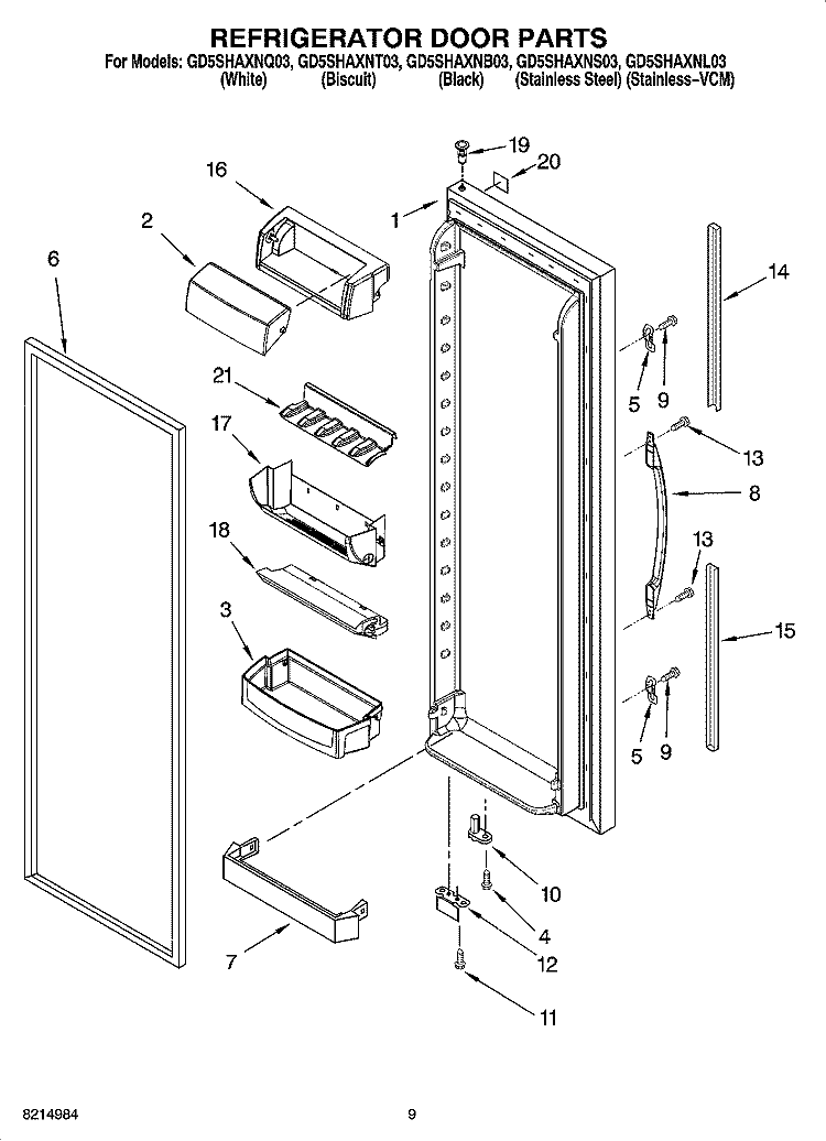 REFRIGERATOR DOOR PARTS Diagram and Parts List for GD5SHAXNL03  Whirlpool Refrigerator