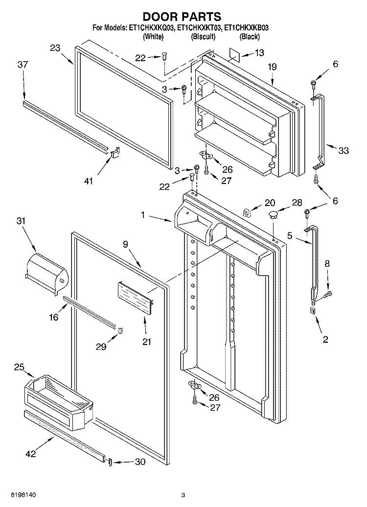 DOOR Diagram and Parts List for ET1CHKXKT03  Whirlpool Refrigerator