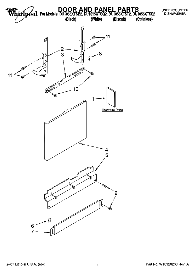 DOOR AND PANEL PARTS Diagram and Parts List for  Whirlpool Dishwasher