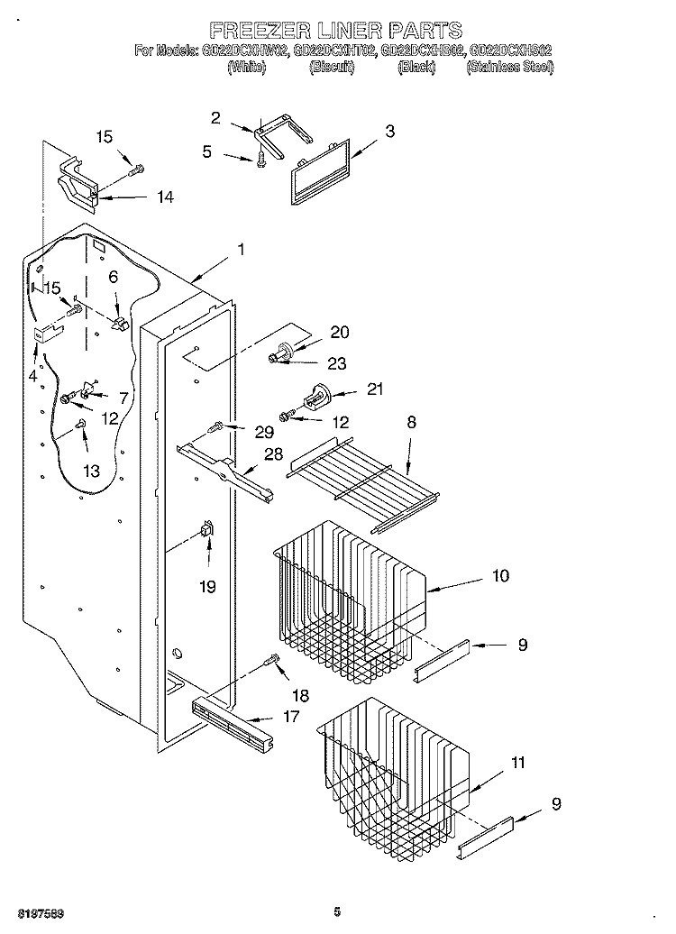 FREEZER LINER Diagram and Parts List for  Whirlpool Refrigerator
