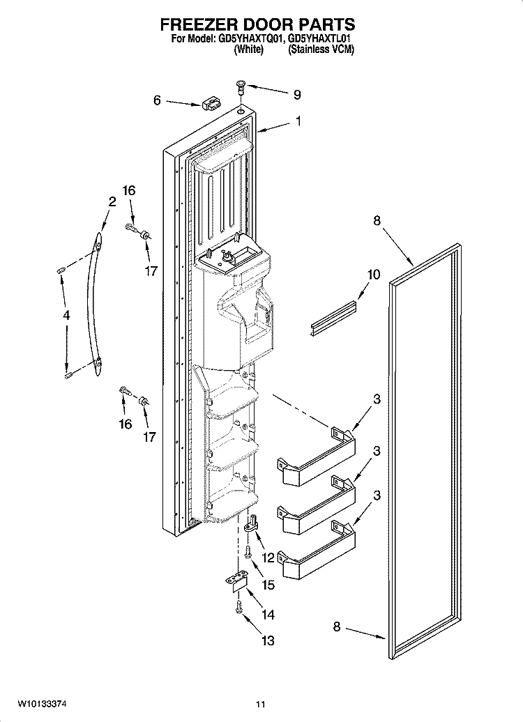 FREEZER DOOR PARTS Diagram and Parts List for GD5YHAXTL01  Whirlpool Refrigerator