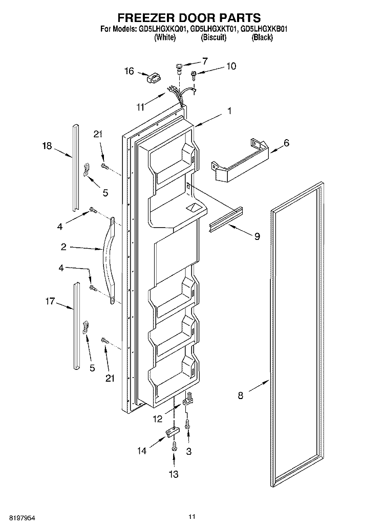 FREEZER DOOR Diagram and Parts List for GD5LHGXKT01  Whirlpool Refrigerator
