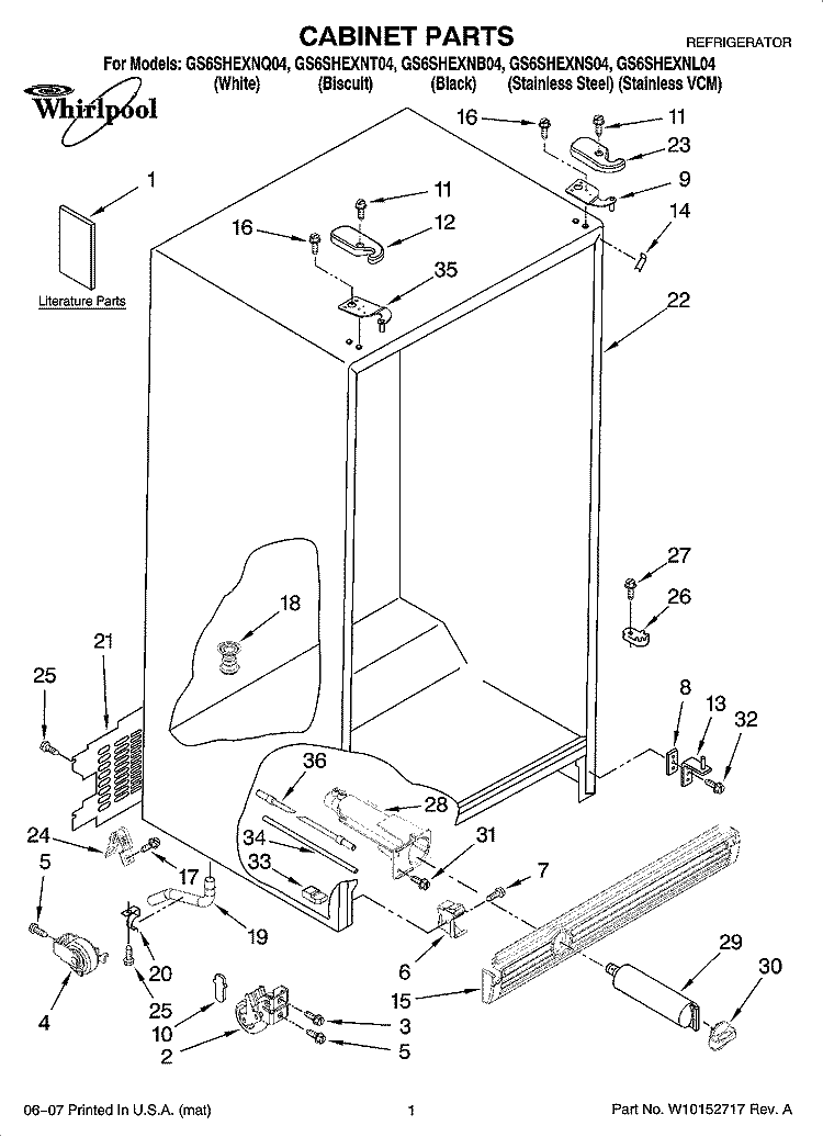 CABINET PARTS Diagram and Parts List for GS6SHEXNQ04  Whirlpool Refrigerator