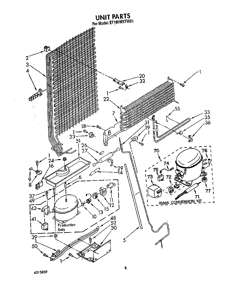 UNIT Diagram and Parts List for ET18HMXTN01  Whirlpool Refrigerator