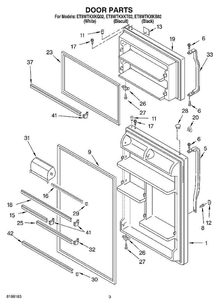 DOOR Diagram and Parts List for ET8WTKXKQ02  Whirlpool Refrigerator